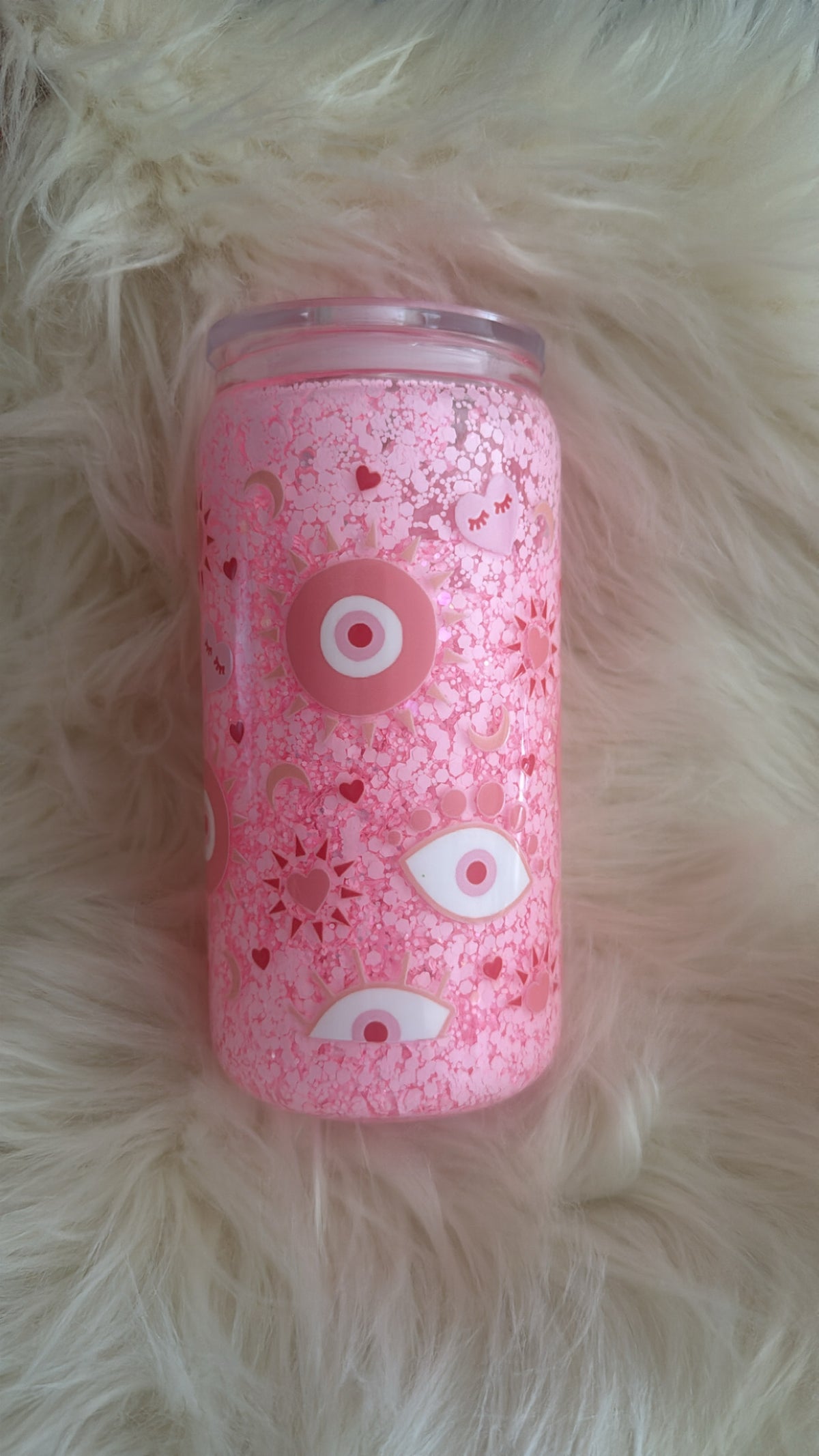 Pre-made Pink Evil eye snow globe glitter cup