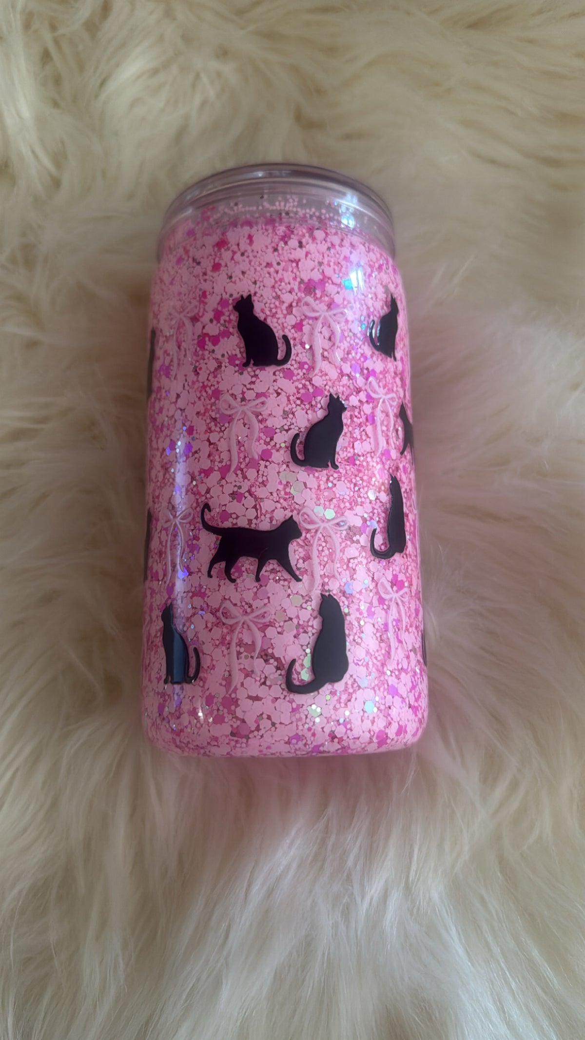 Pre-made Pink Cat and Bow Snow globe Glitter cup